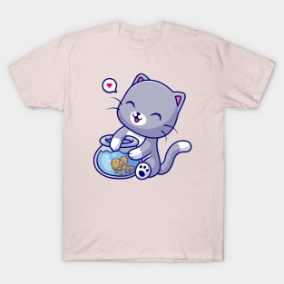 Cute Cat Playing With Fish In Aquarium Cartoon T-Shirt